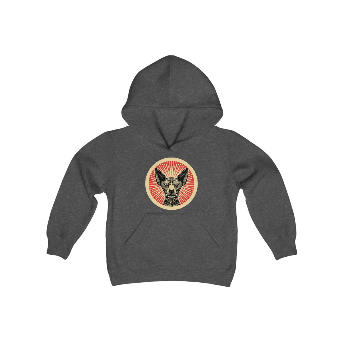 Xoloitzcuintle badge art in a ring of red rays on a kids' hoodie