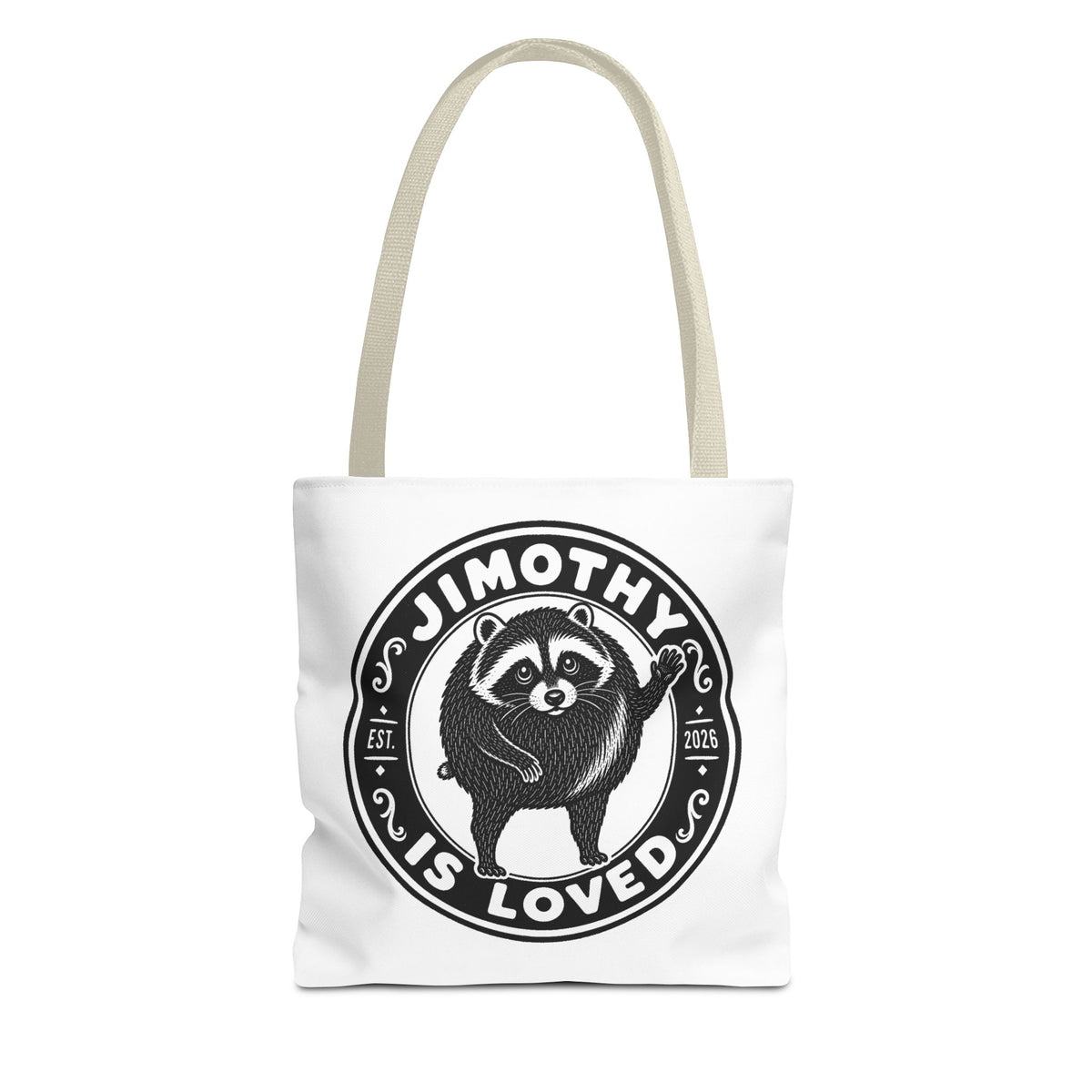 Personalized Raccoon Tote — "Jimothy Is Loved" Graphic Tote Bag