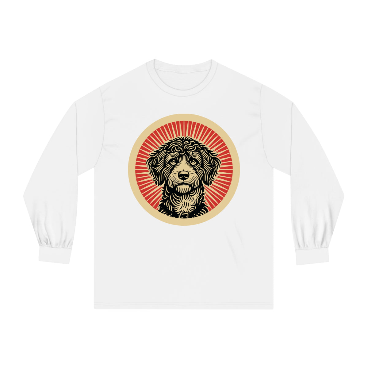Bordoodle badge art in a ring of red rays on a long-sleeve tee