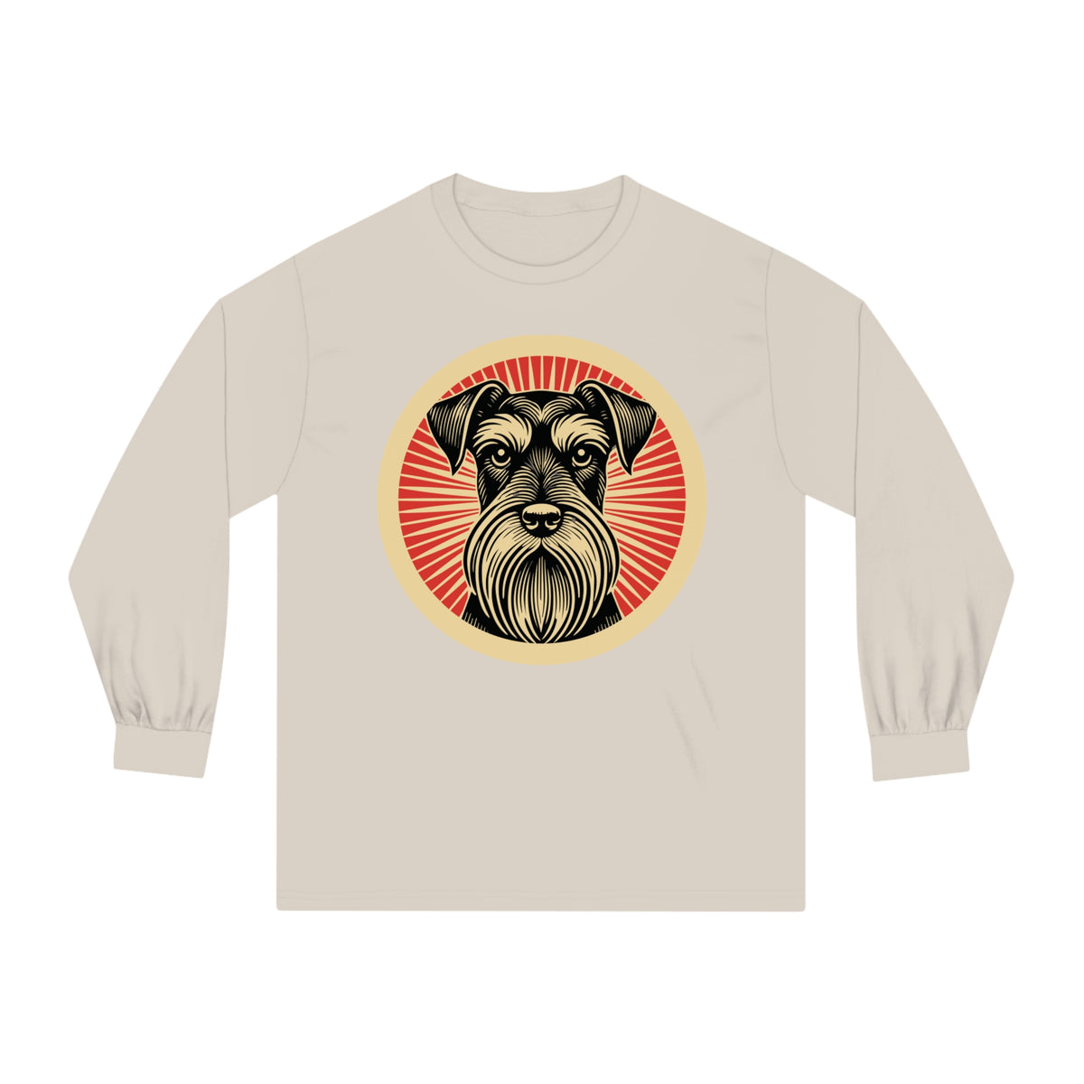 Standard Schnauzer badge art in a ring of red rays on a long-sleeve tee
