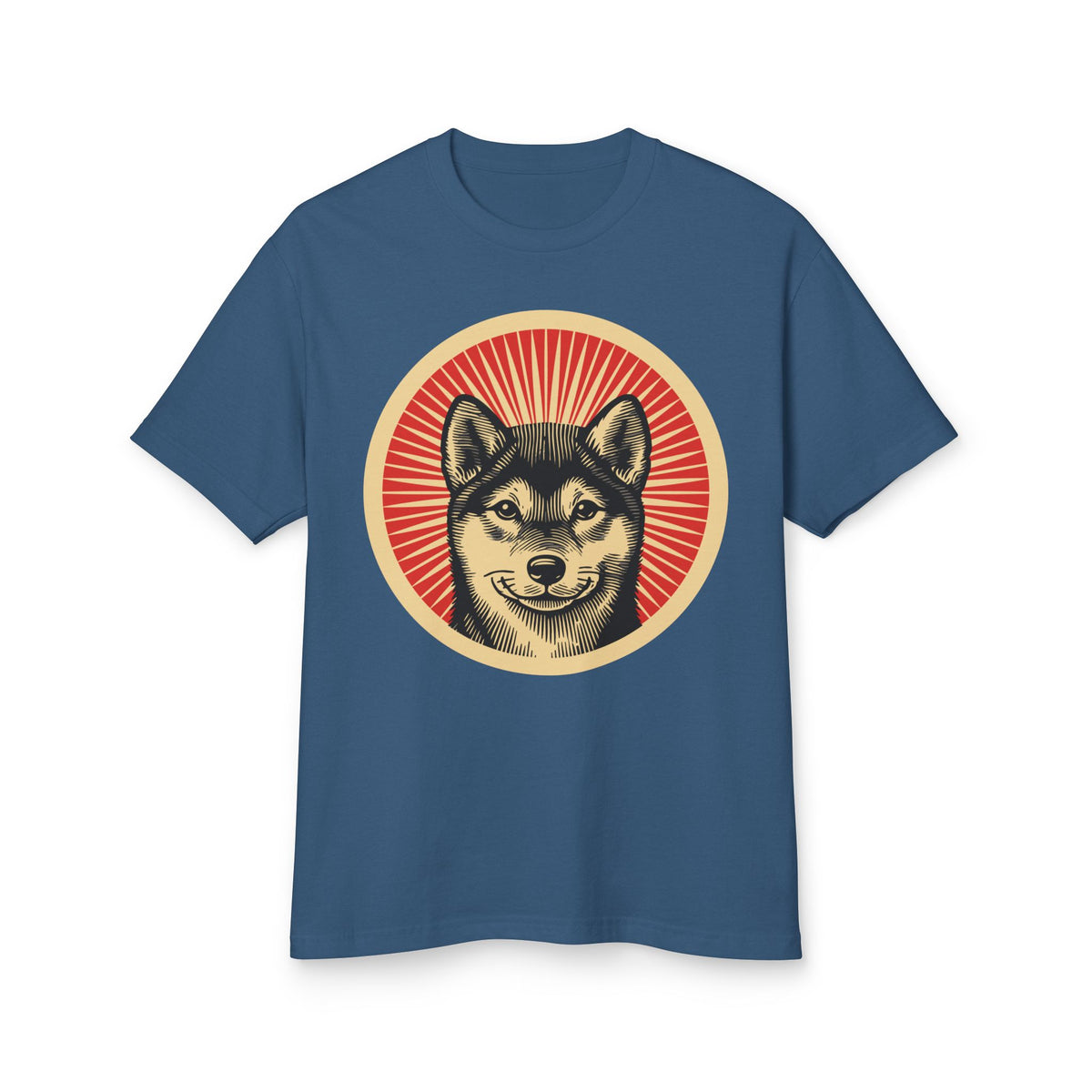 Shiba Inu badge art in a ring of red rays on a heavyweight tee