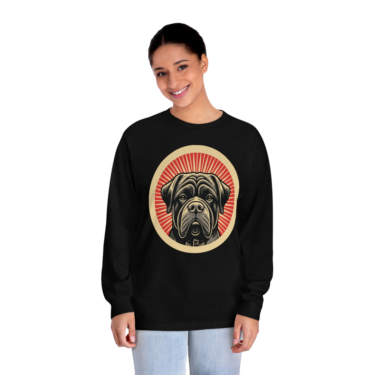 Bullmastiff badge art in a ring of red rays on a long-sleeve tee
