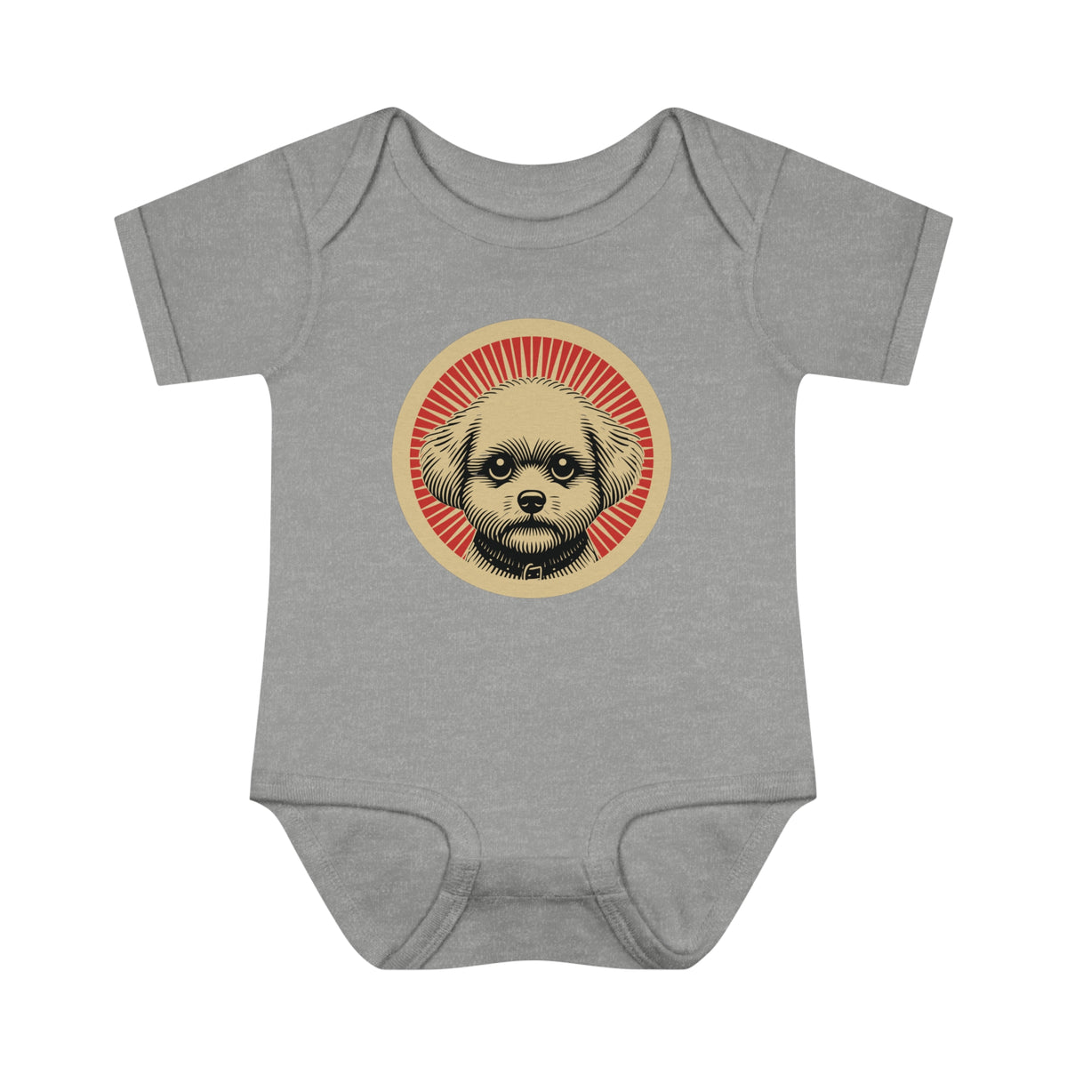 Bichon Frise badge art in a ring of red rays on a baby bodysuit