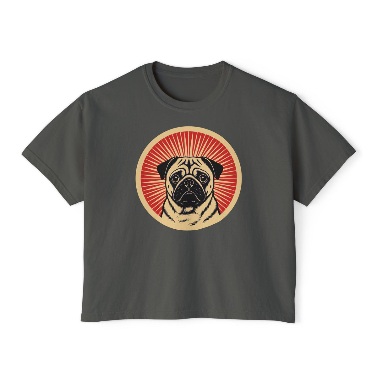 Pug badge art in a ring of red rays on a boxy tee