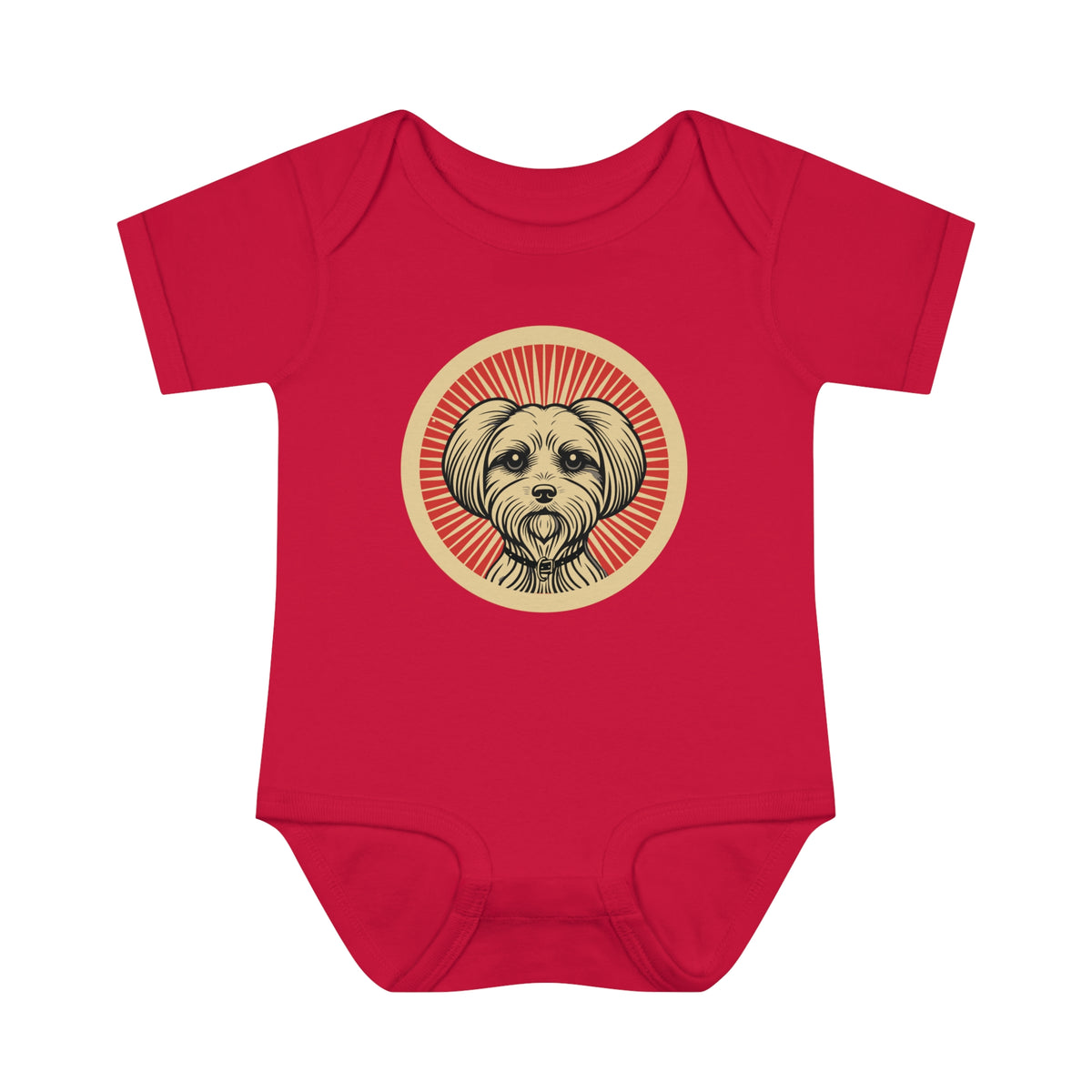 Maltese badge art in a ring of red rays on a baby bodysuit