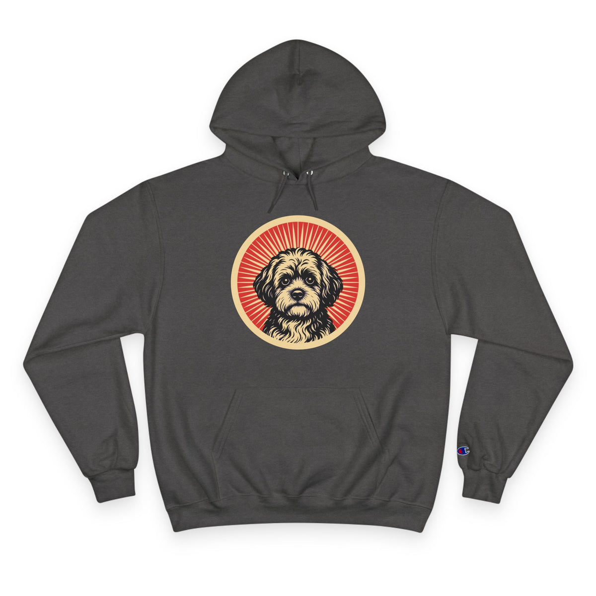 Shihpoo badge art in a ring of red rays on a champion hoodie