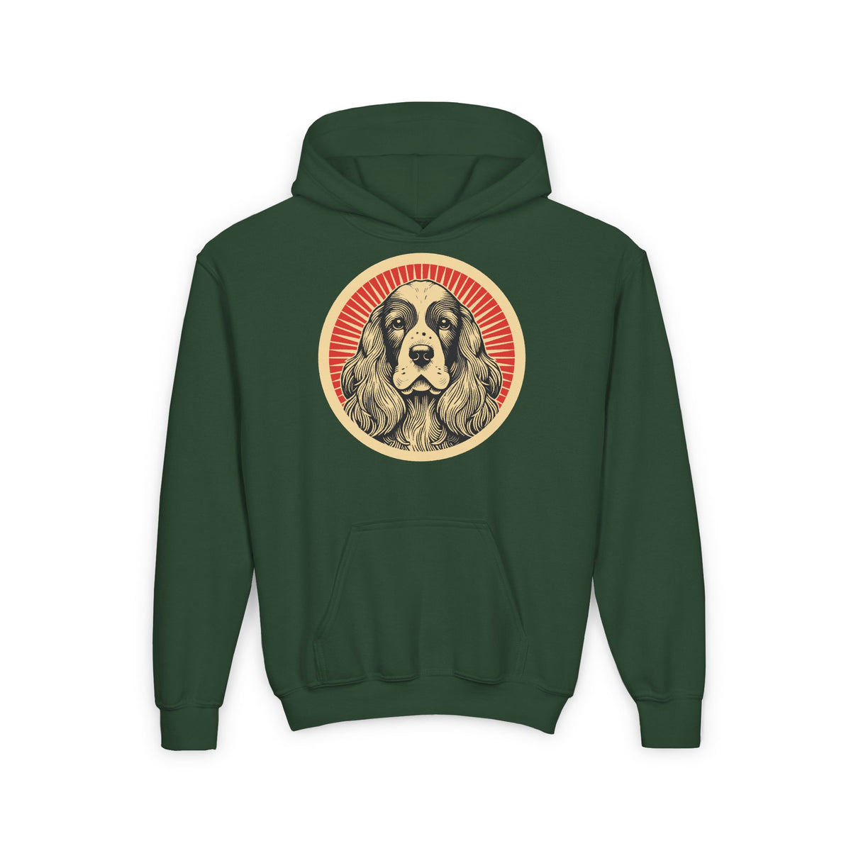 English Cocker Spaniel badge art in a ring of red rays on a kids' hoodie