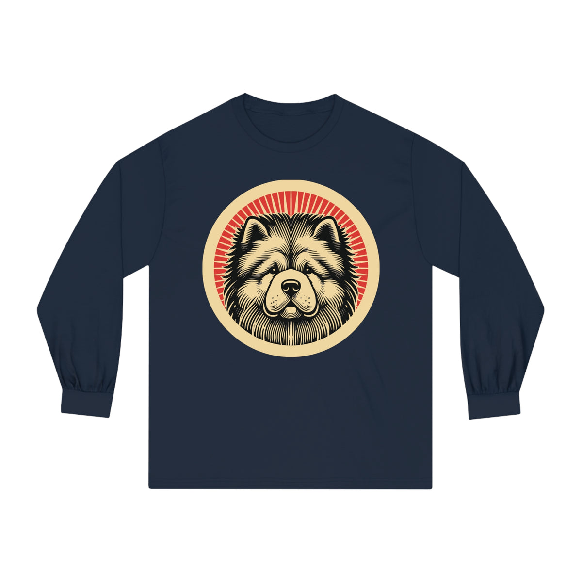 Chow Chow badge art in a ring of red rays on a long-sleeve tee