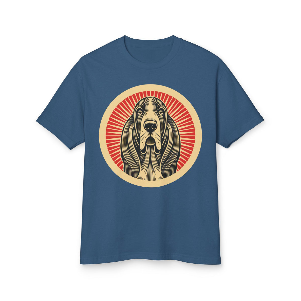 Basset Hound badge art in a ring of red rays on a heavyweight tee