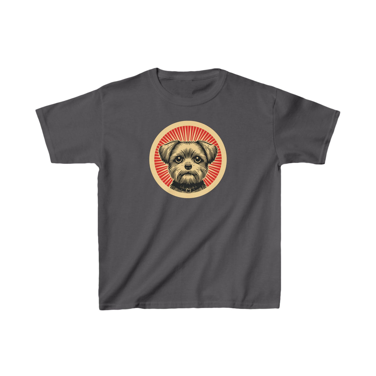 Shorkie badge art in a ring of red rays on a kids' tee