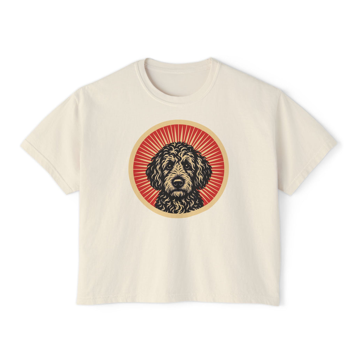 Cockapoo badge art in a ring of red rays on a boxy tee