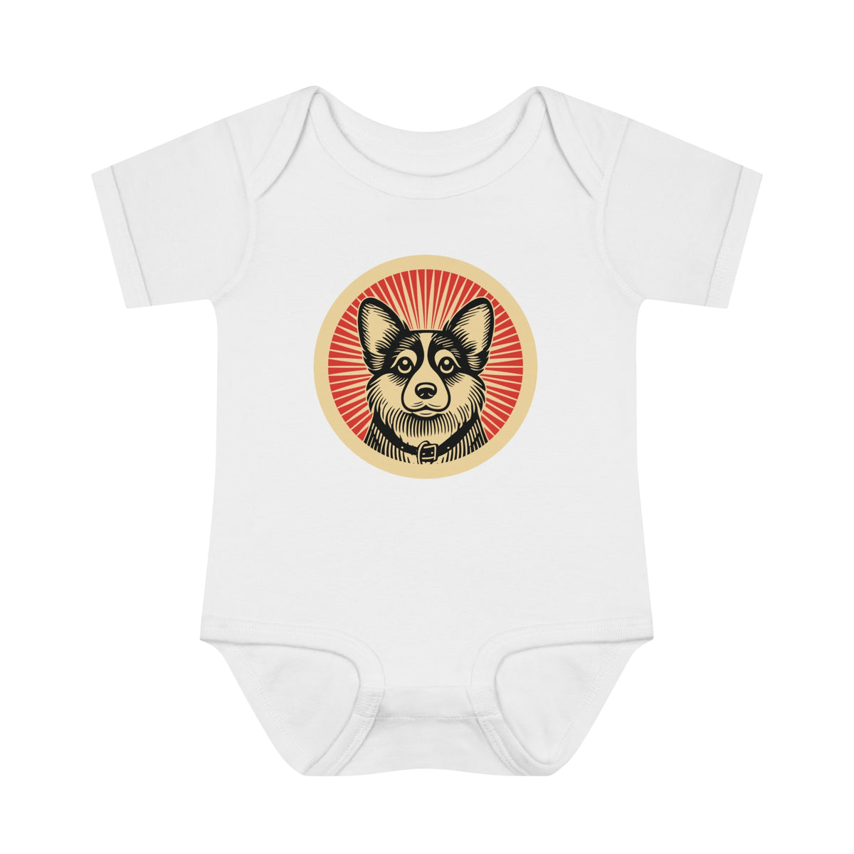 Corgipoo badge art in a ring of red rays on a baby bodysuit