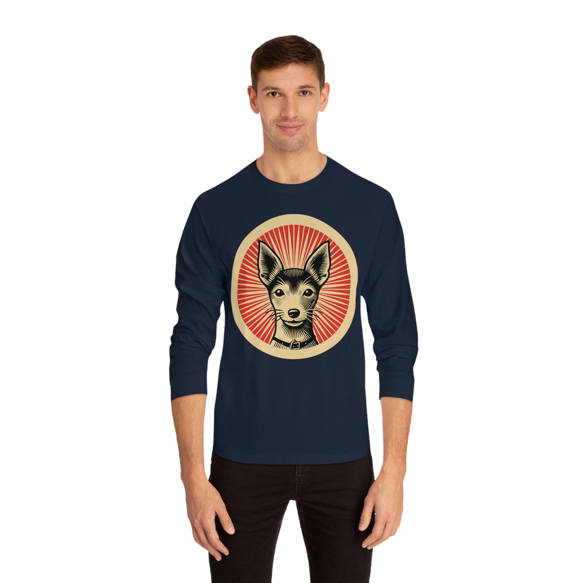 Toy Fox Terrier badge art in a ring of red rays on a long-sleeve tee