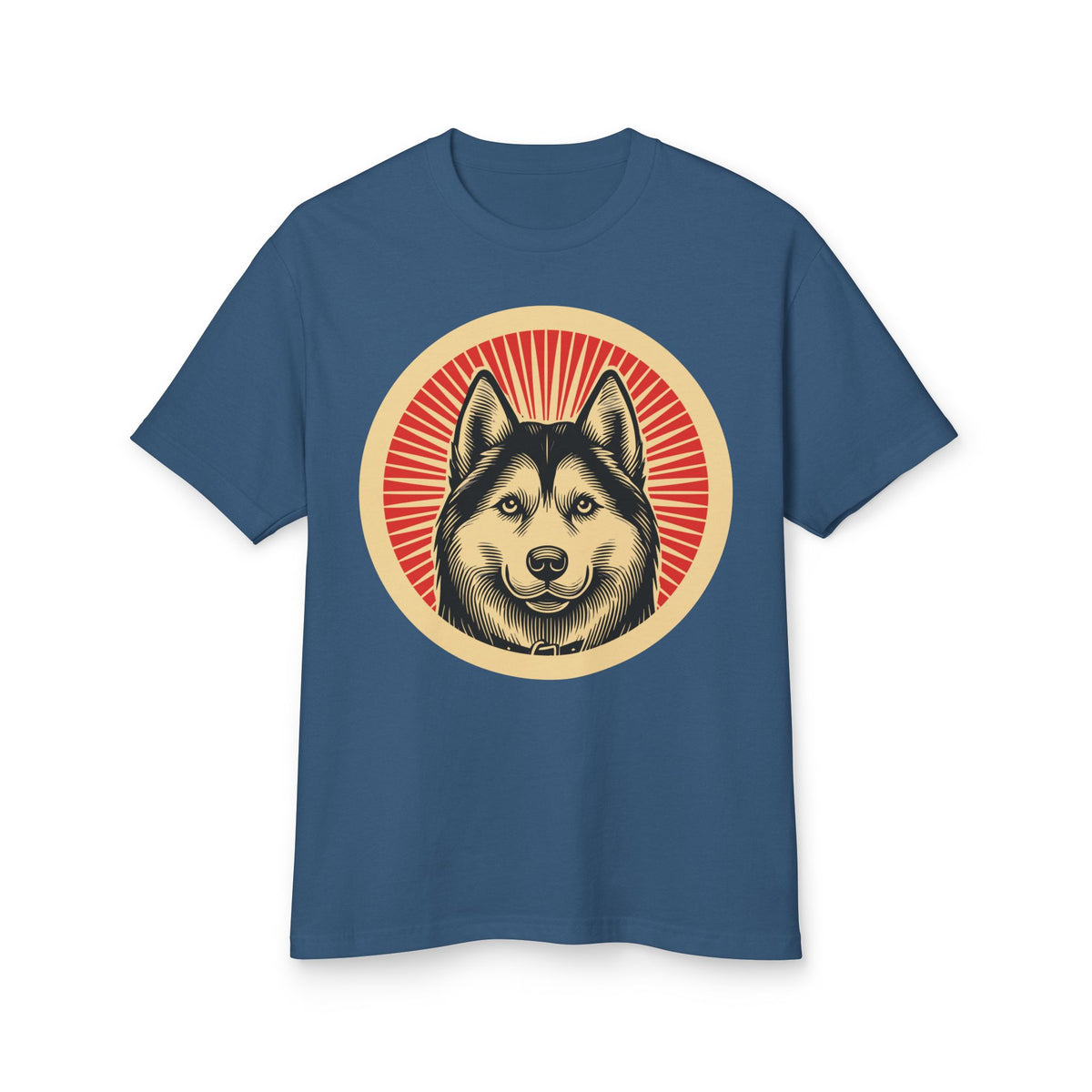 Siberian Husky badge art in a ring of red rays on a heavyweight tee