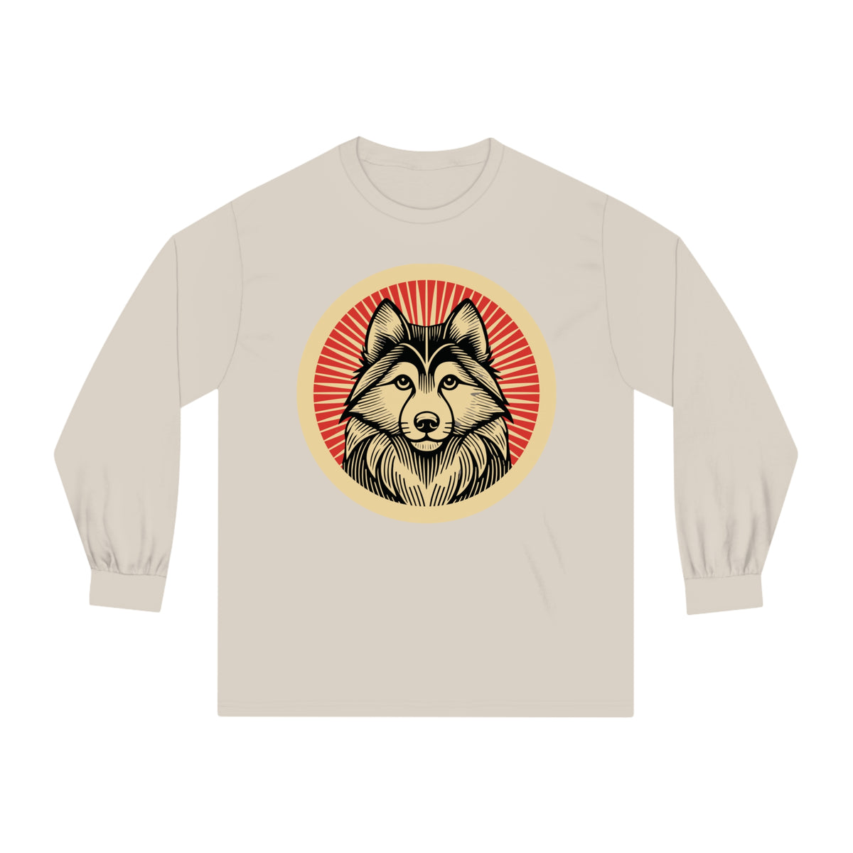 Alaskan Klee Kai badge art in a ring of red rays on a long-sleeve tee