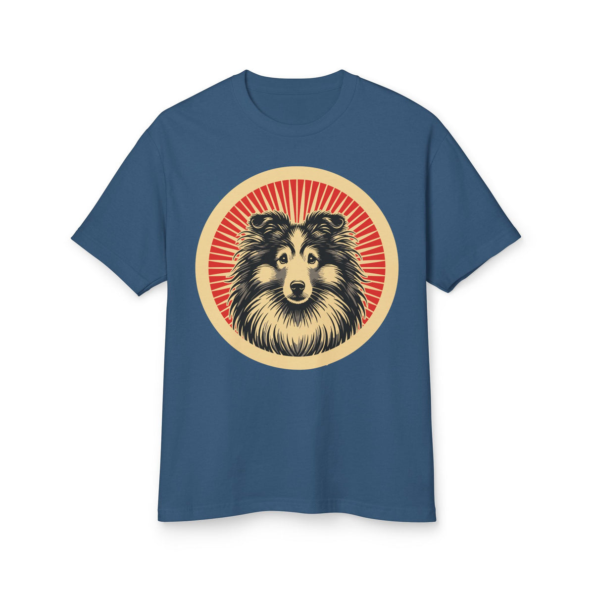 Shetland Sheepdog badge art in a ring of red rays on a heavyweight tee