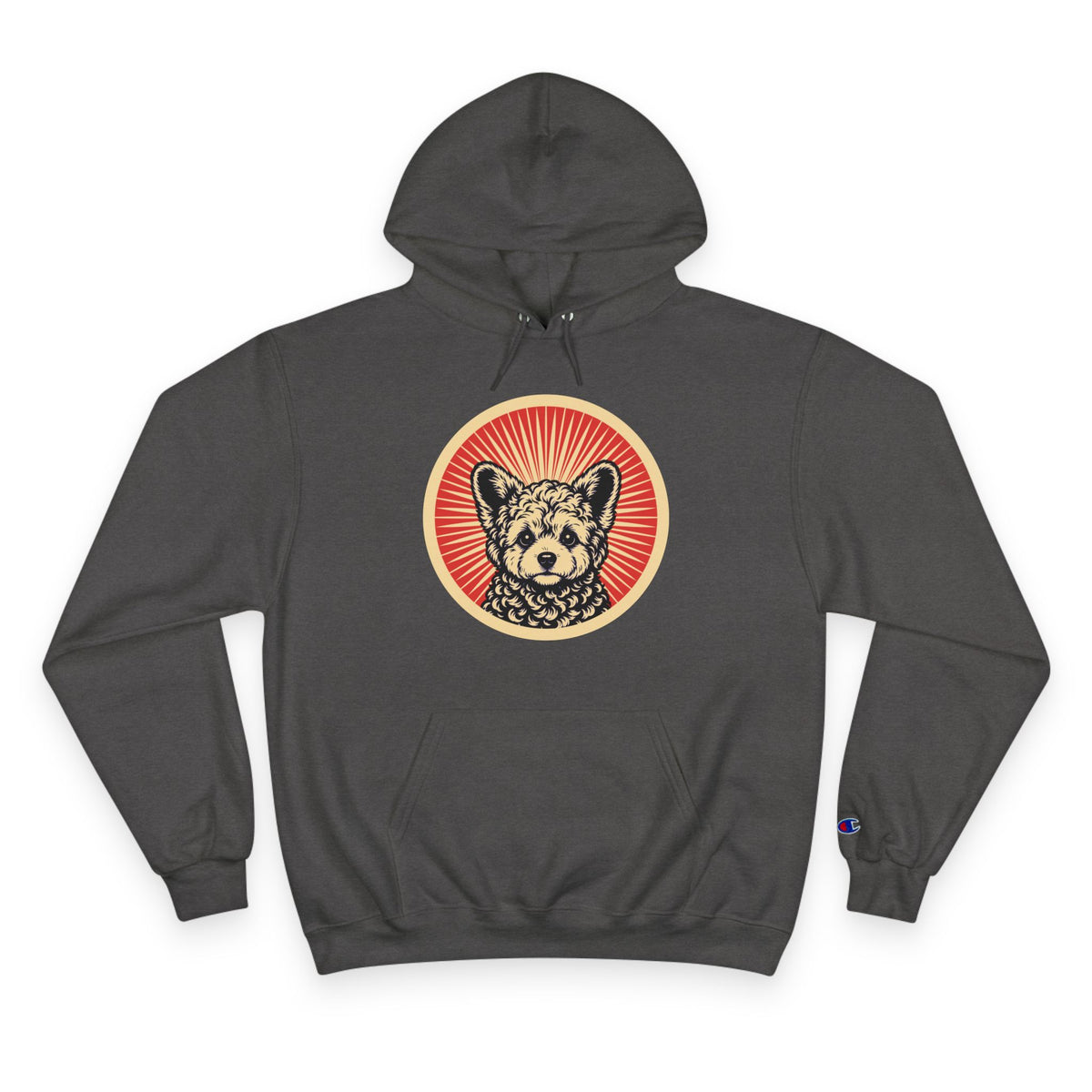 Corgipoo badge art in a ring of red rays on a champion hoodie