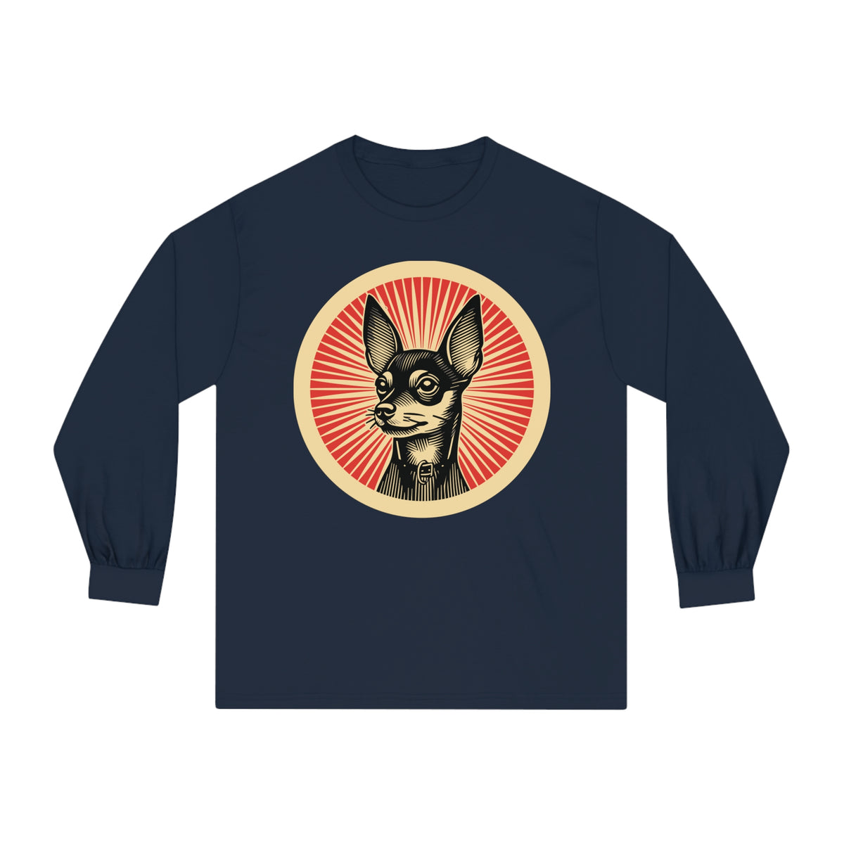 Miniature Pinscher badge art in a ring of red rays on a long-sleeve tee