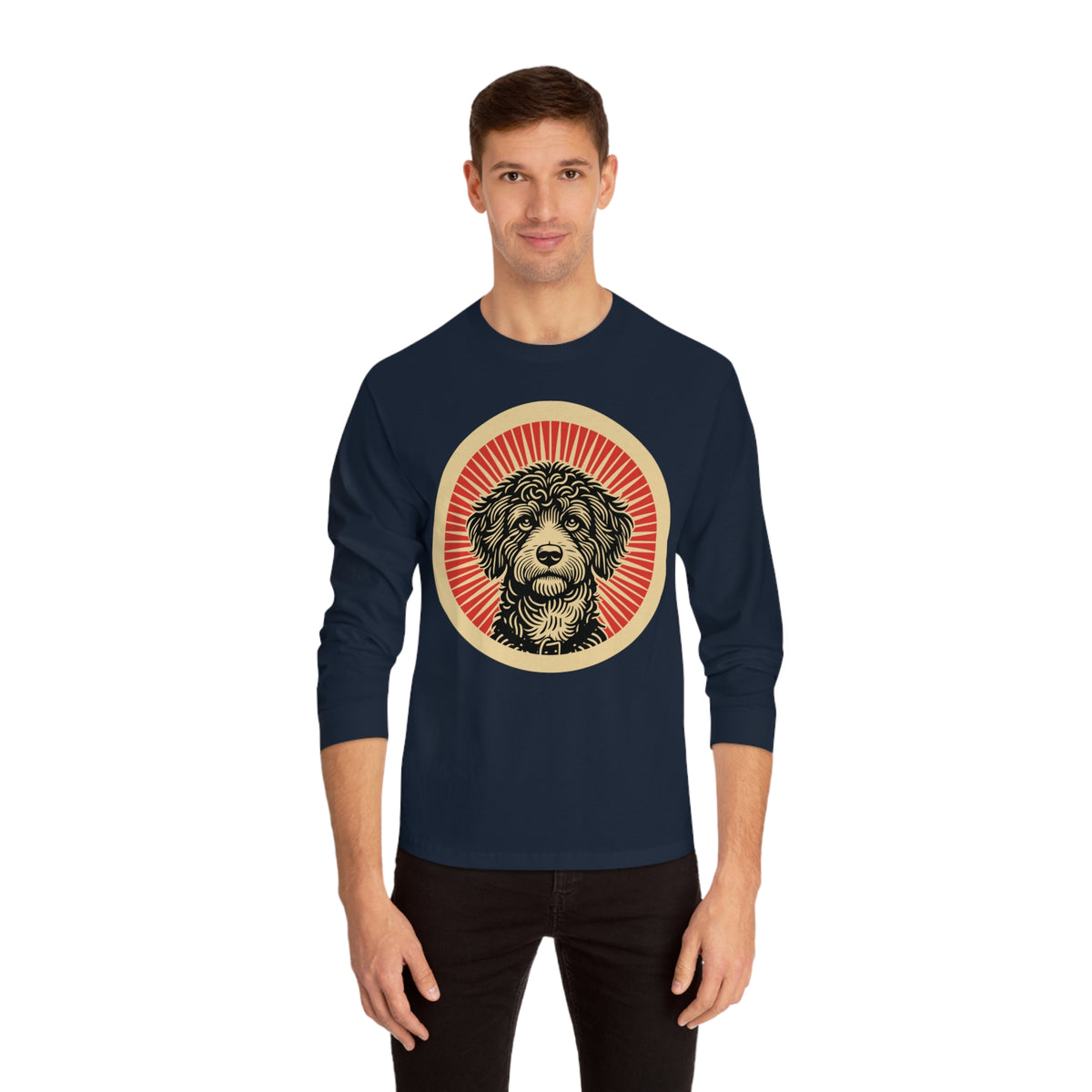 Bordoodle badge art in a ring of red rays on a long-sleeve tee