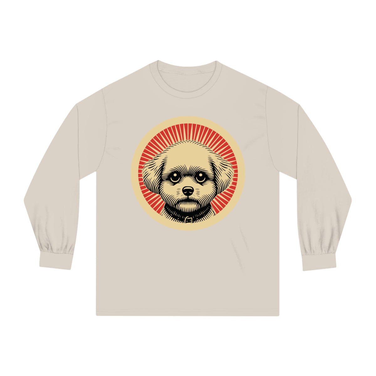 Bichon Frise badge art in a ring of red rays on a long-sleeve tee
