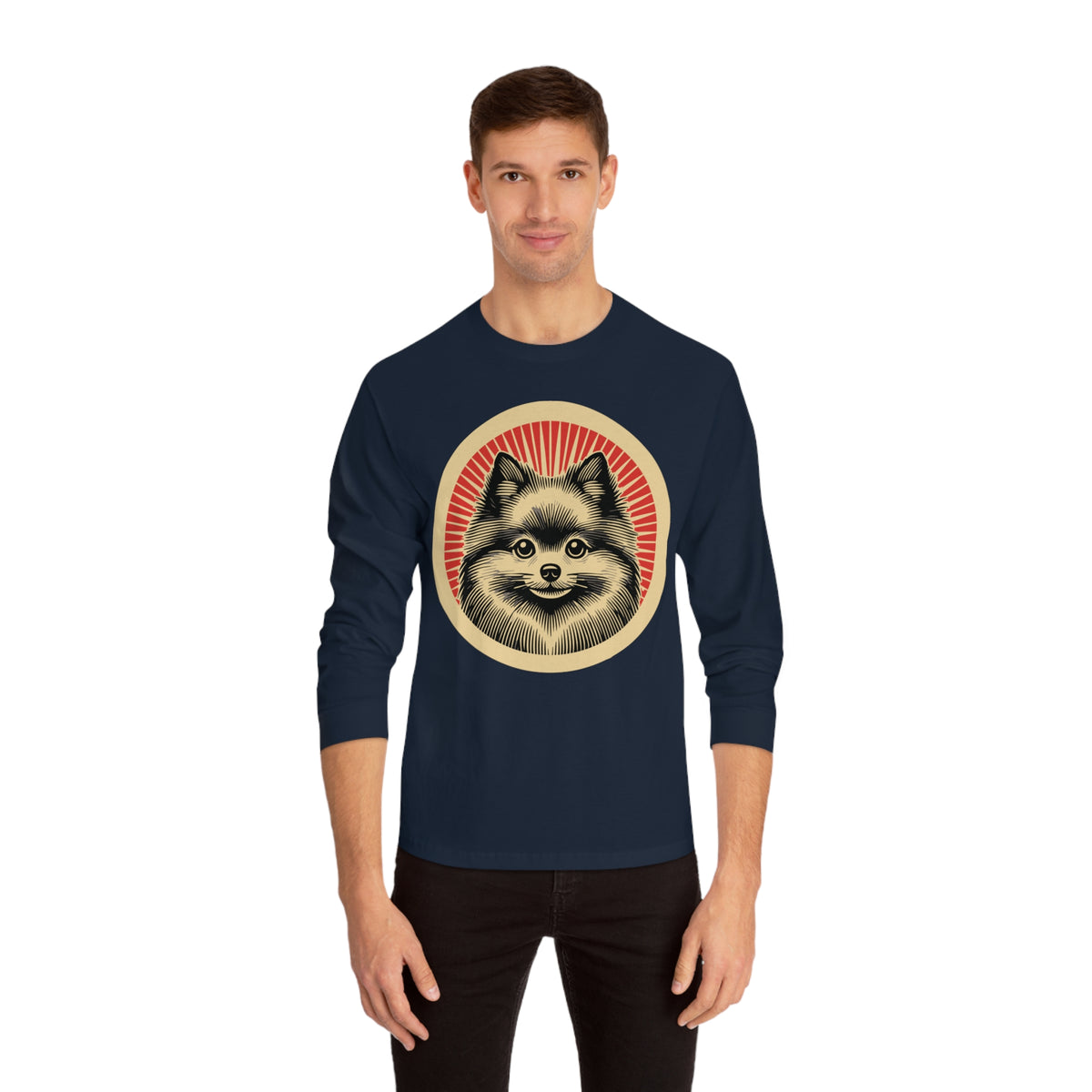 Pomeranian badge art in a ring of red rays on a long-sleeve tee
