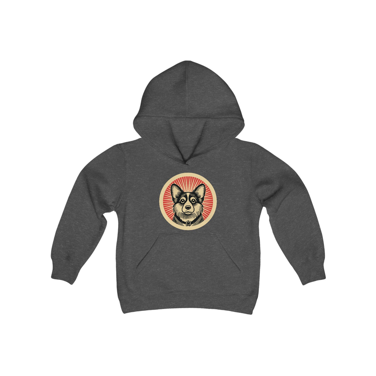 Corgipoo badge art in a ring of red rays on a kids' hoodie