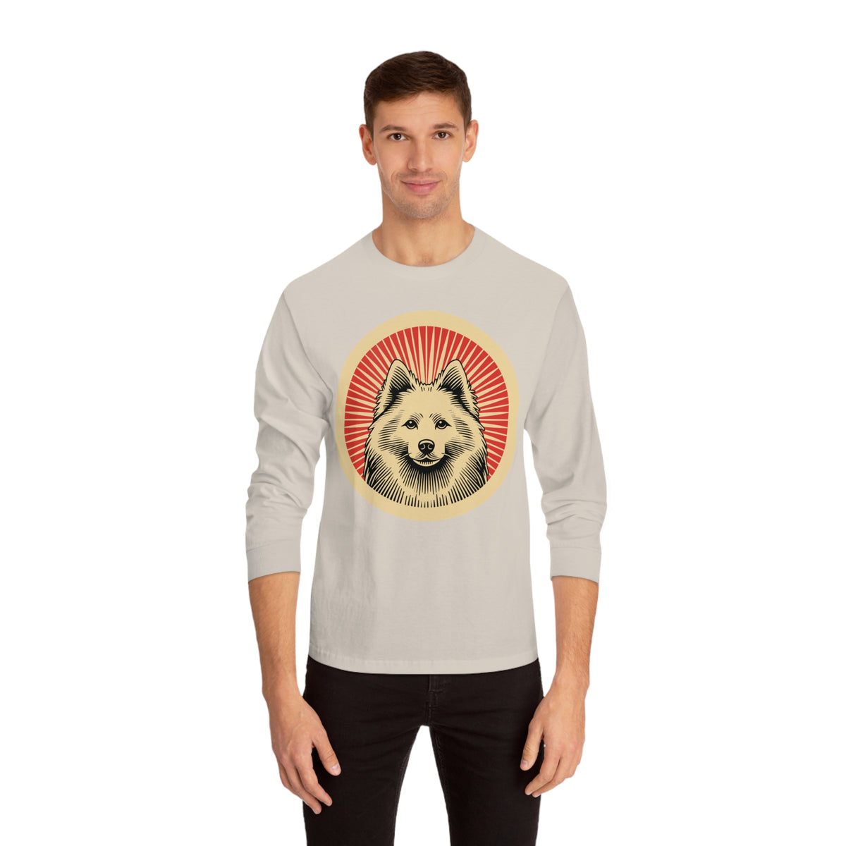 American Eskimo Dog badge art in a ring of red rays on a long-sleeve tee