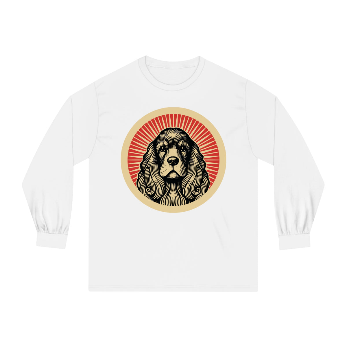 American Cocker Spaniel badge art in a ring of red rays on a long-sleeve tee