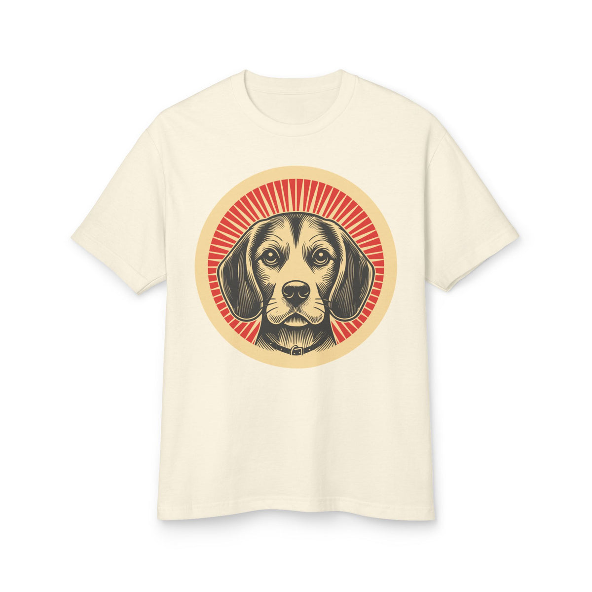 Beagle badge art in a ring of red rays on a heavyweight tee