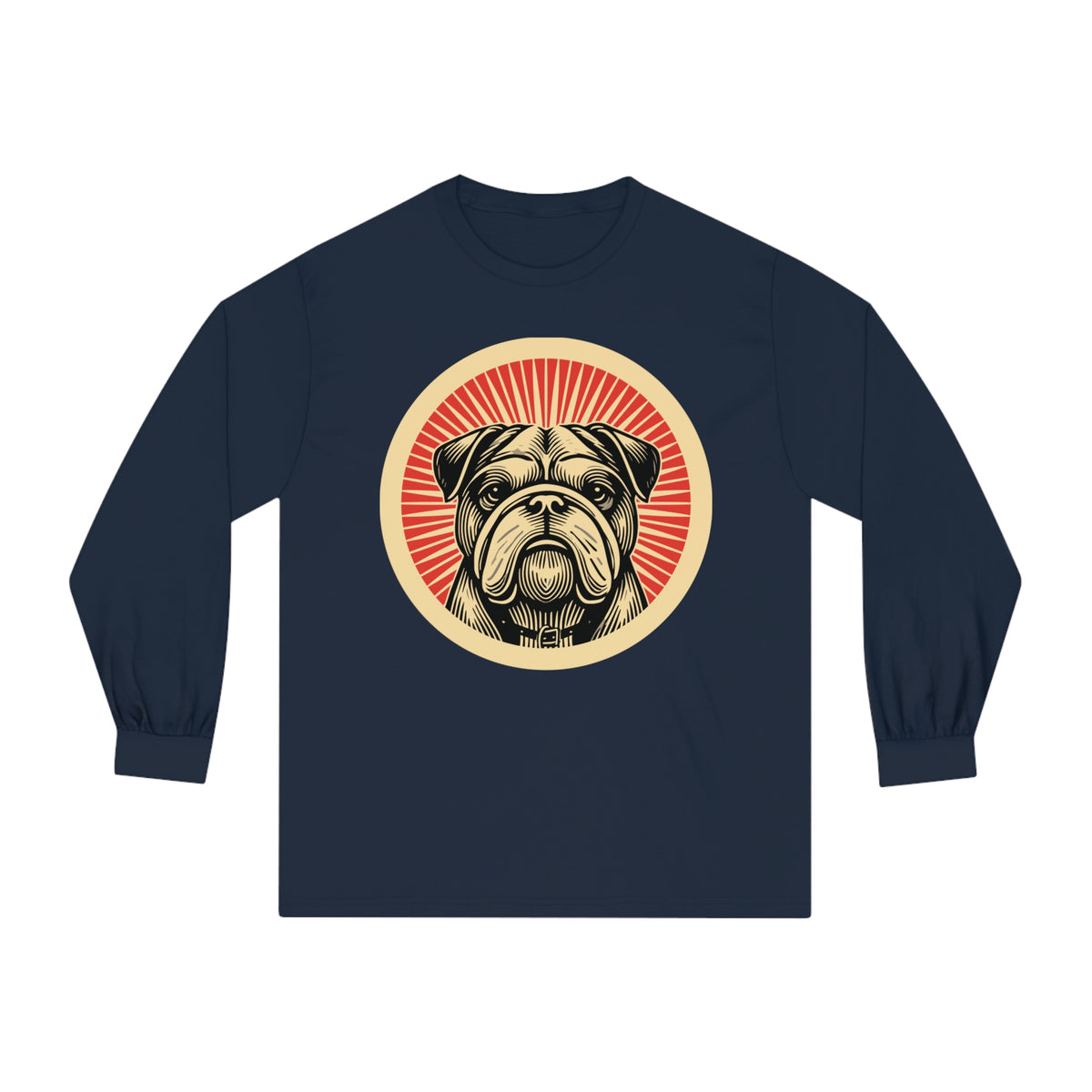 Bulldog badge art in a ring of red rays on a long-sleeve tee