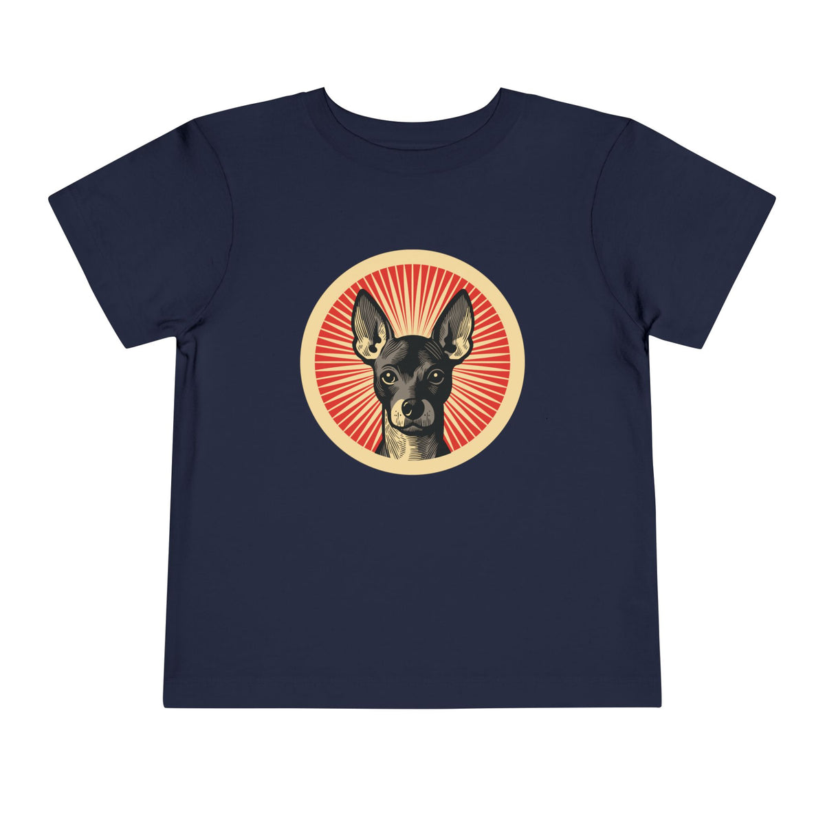 Xoloitzcuintle badge art in a ring of red rays on a toddler tee