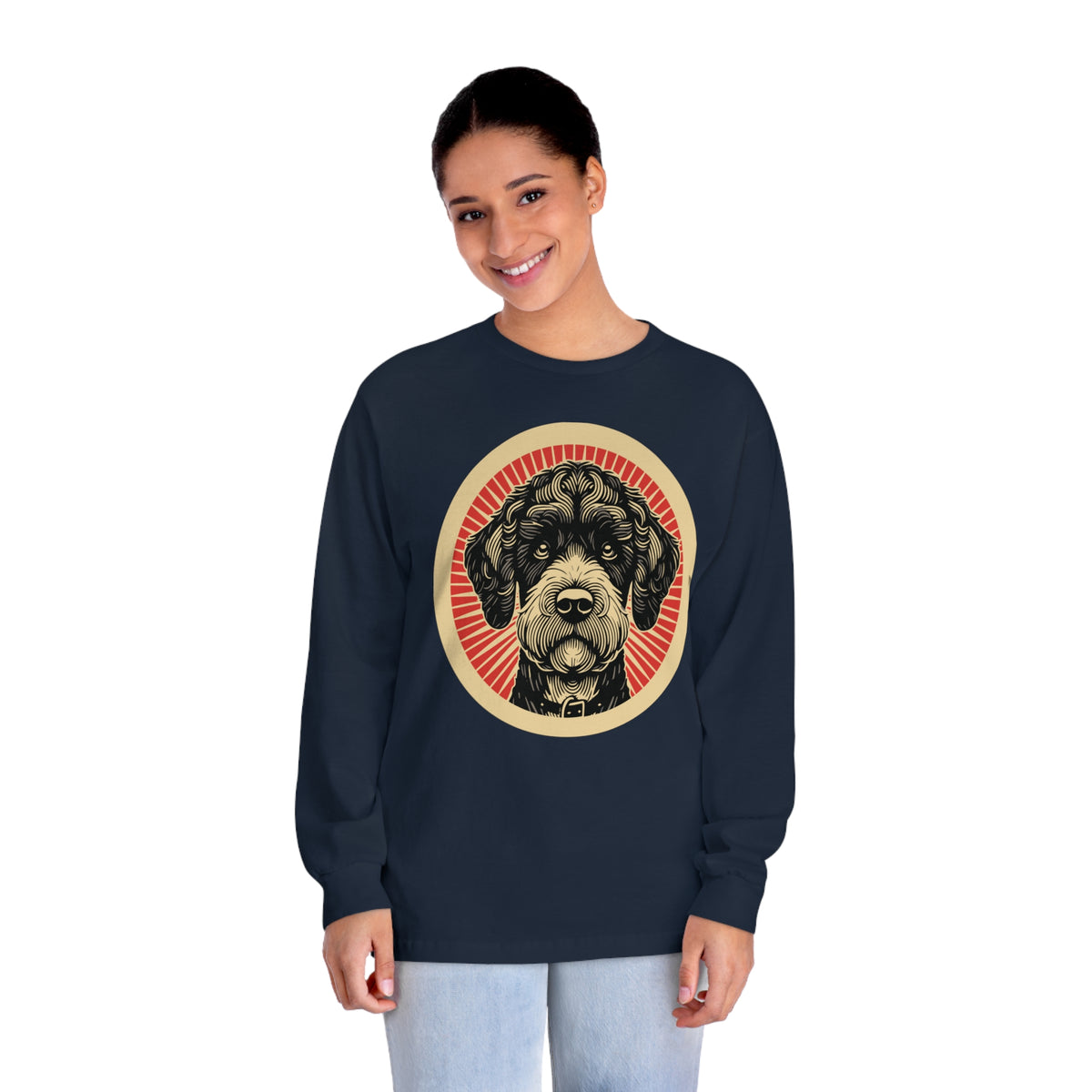 Boxerdoodle badge art in a ring of red rays on a long-sleeve tee