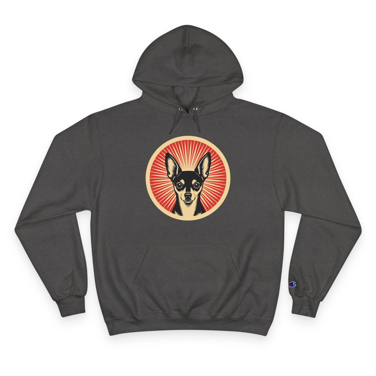 Toy Fox Terrier badge art in a ring of red rays on a champion hoodie