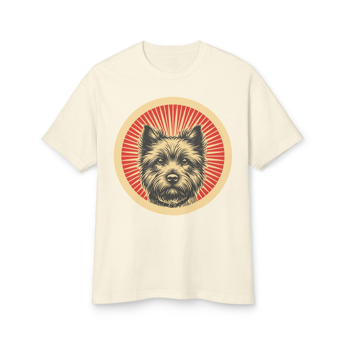 Cairn Terrier badge art in a ring of red rays on a heavyweight tee