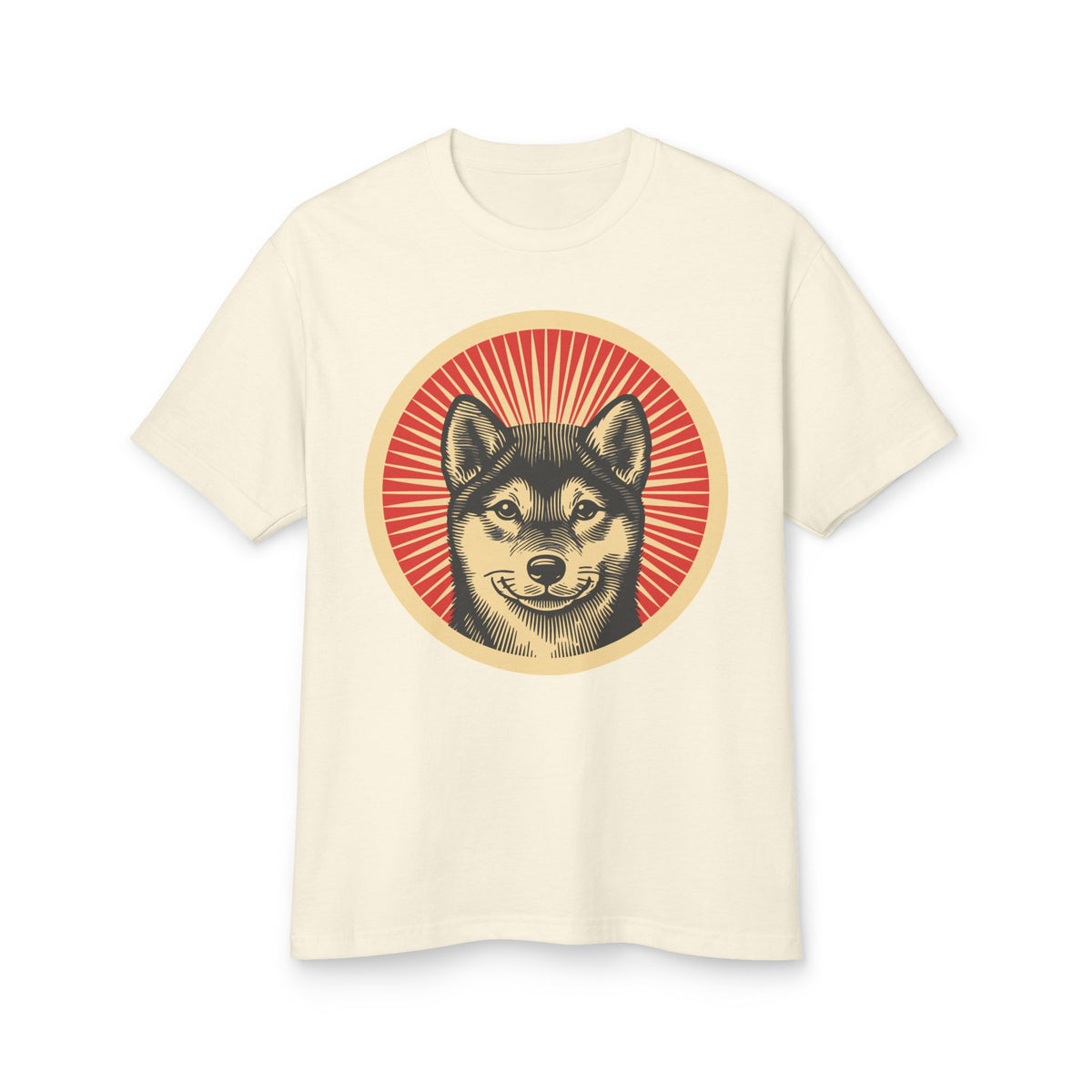 Shiba Inu badge art in a ring of red rays on a heavyweight tee