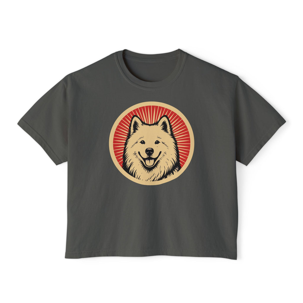 Samoyed badge art in a ring of red rays on a boxy tee