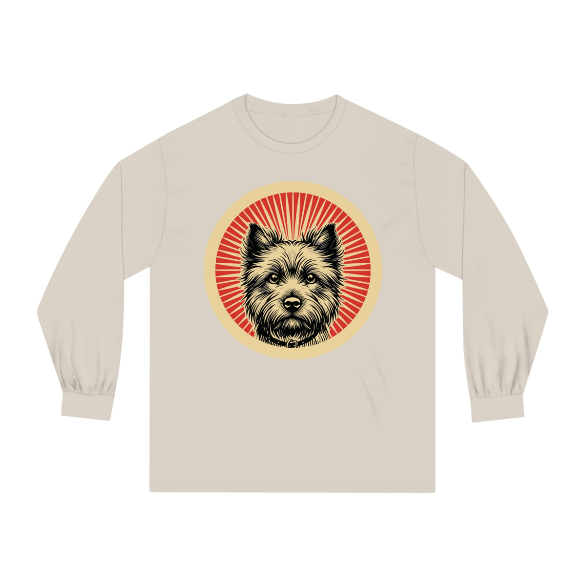 Cairn Terrier badge art in a ring of red rays on a long-sleeve tee