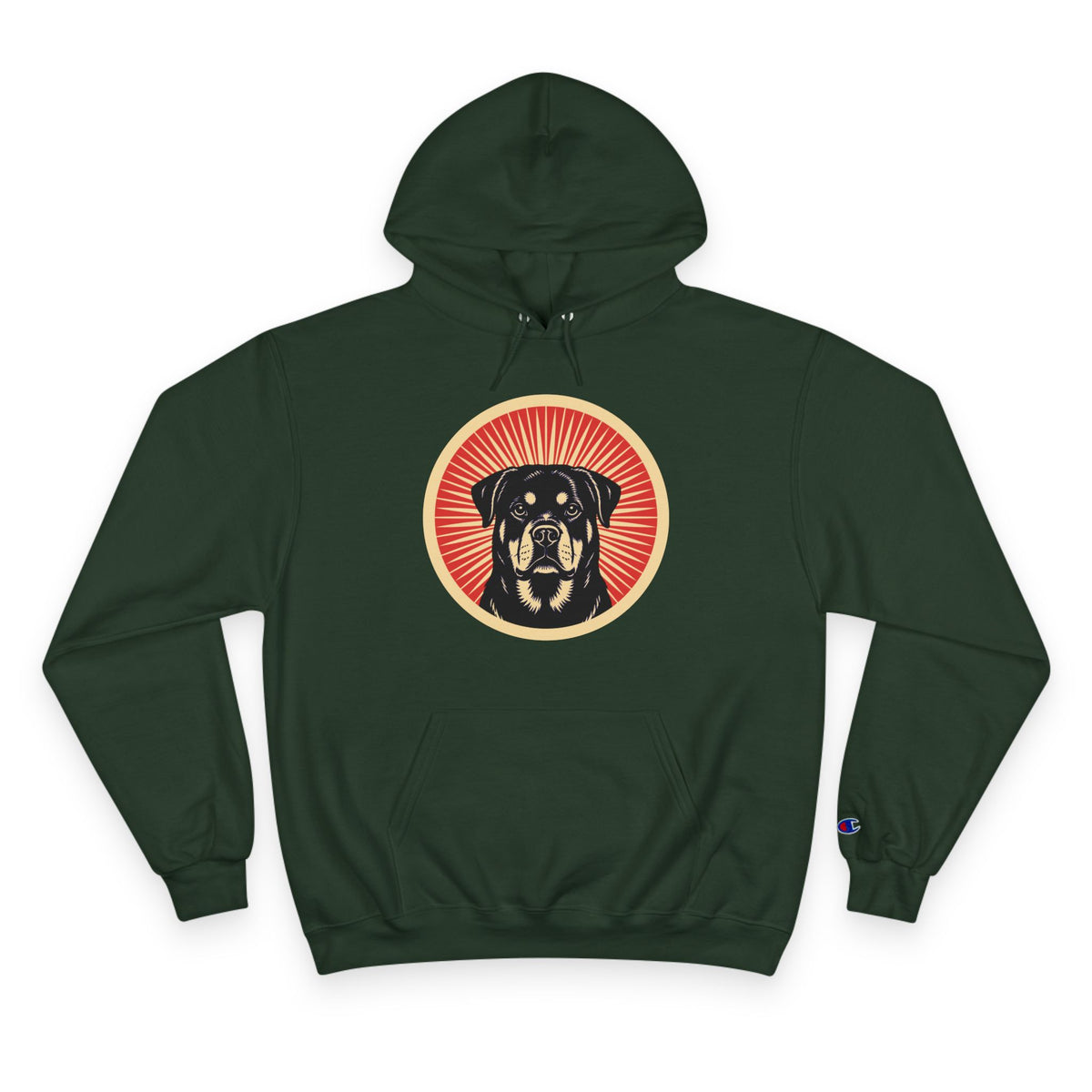 Rottweiler badge art in a ring of red rays on a champion hoodie