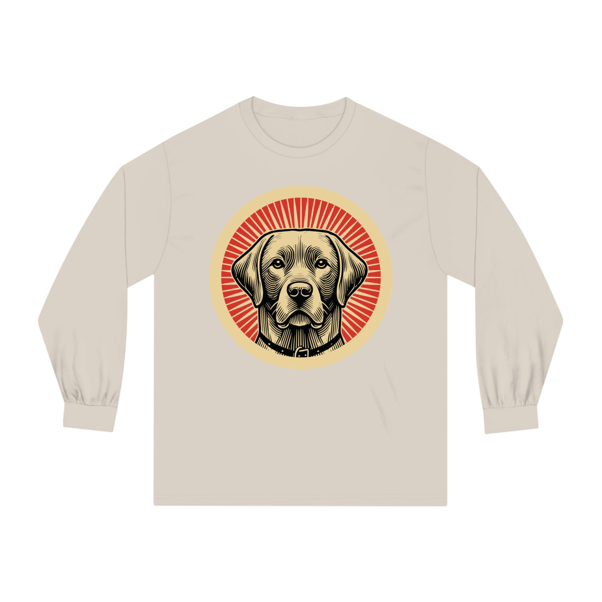 Labrador Retriever badge art in a ring of red rays on a long-sleeve tee