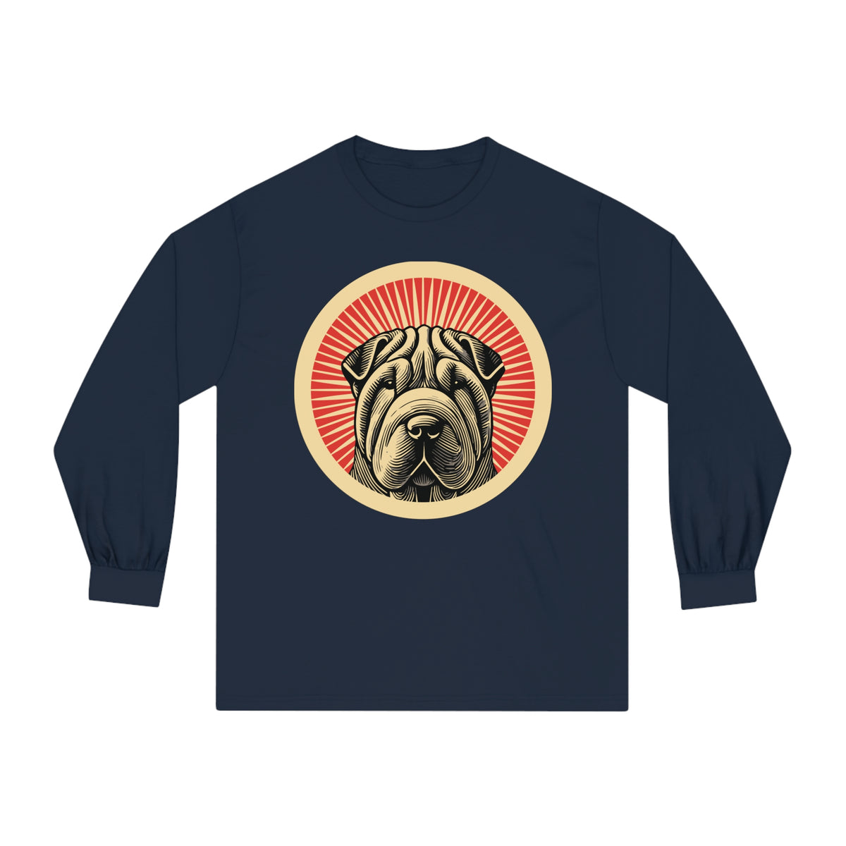 Chinese Shar-Pei badge art in a ring of red rays on a long-sleeve tee