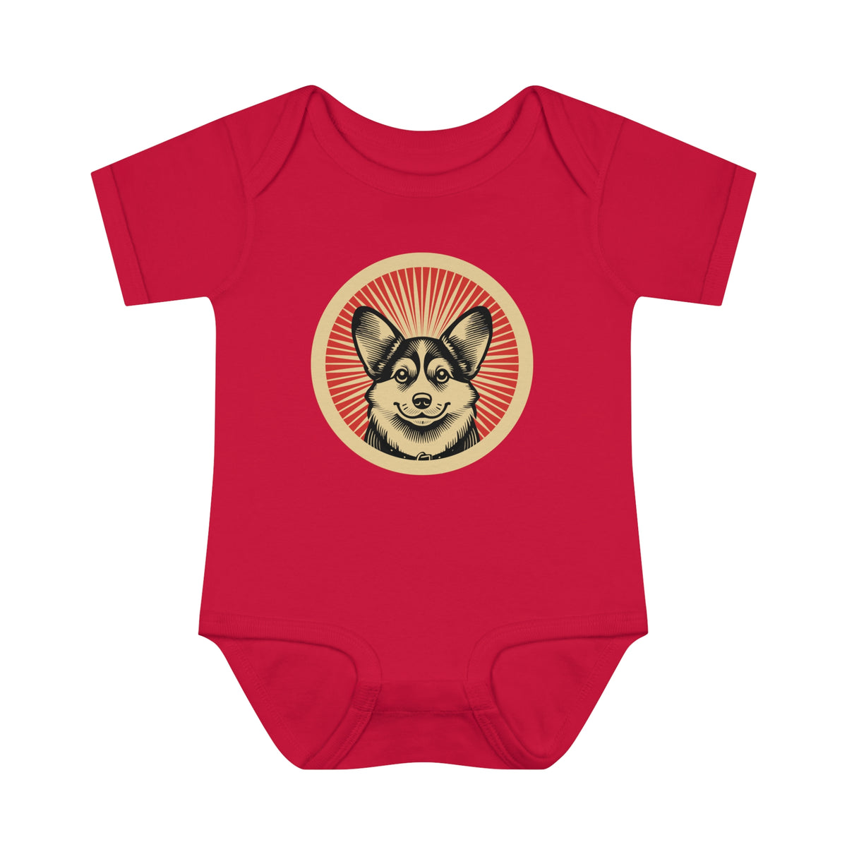 Pembroke Welsh Corgi badge art in a ring of red rays on a baby bodysuit