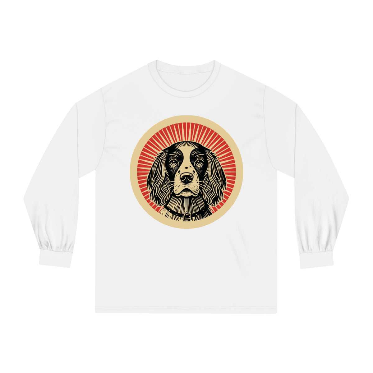 English Springer Spaniel badge art in a ring of red rays on a long-sleeve tee
