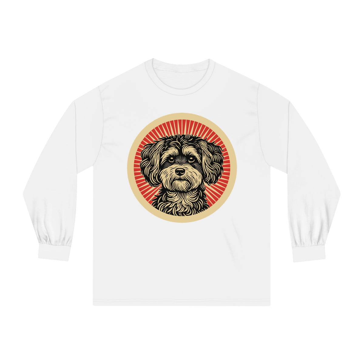 Maltipoo badge art in a ring of red rays on a long-sleeve tee