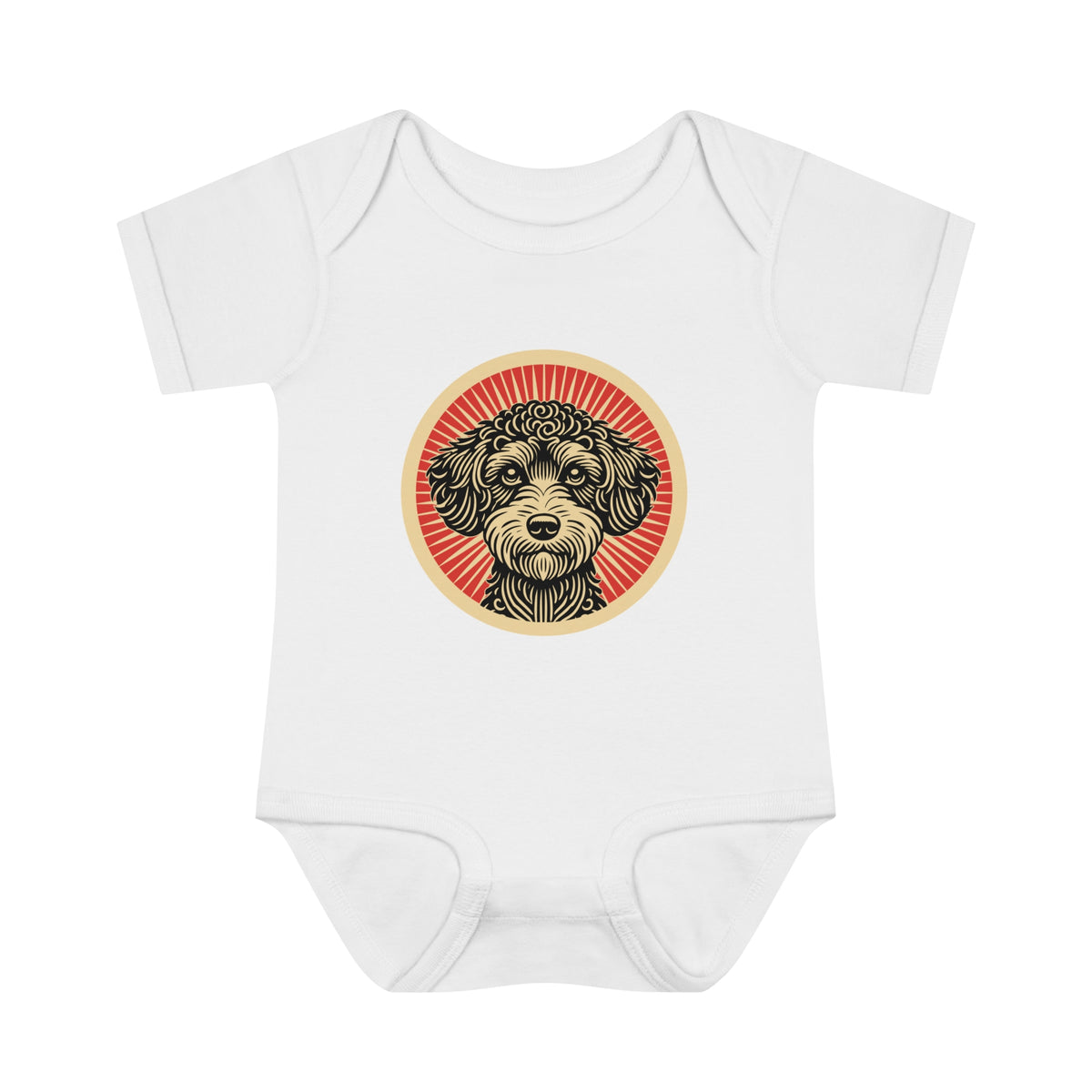 Schnoodle badge art in a ring of red rays on a baby bodysuit