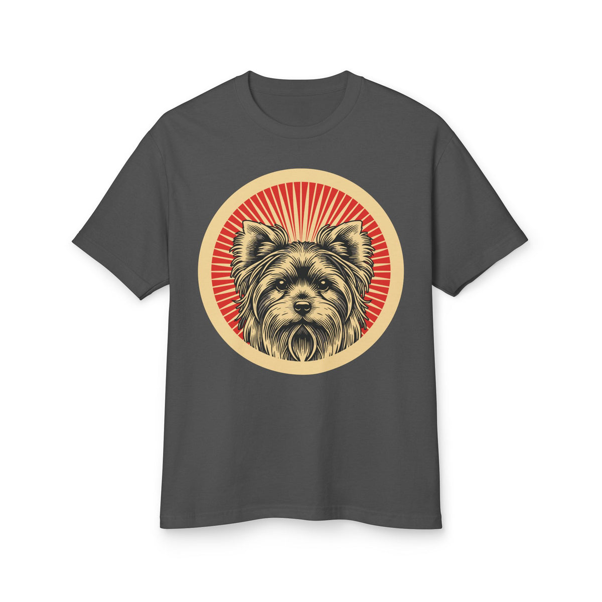 Yorkshire Terrier badge art in a ring of red rays on a heavyweight tee