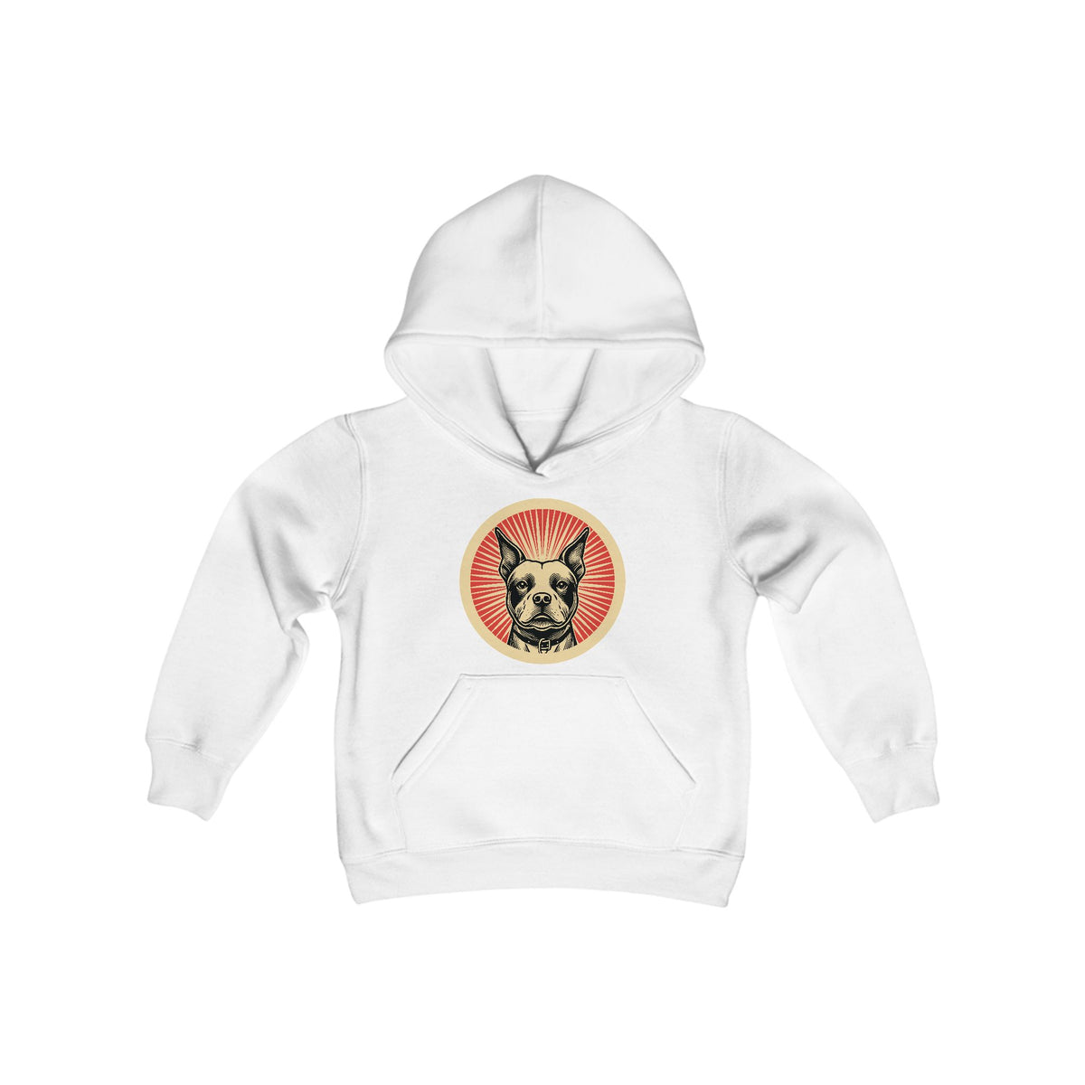 Staffordshire Bull Terrier badge art in a ring of red rays on a kids' hoodie