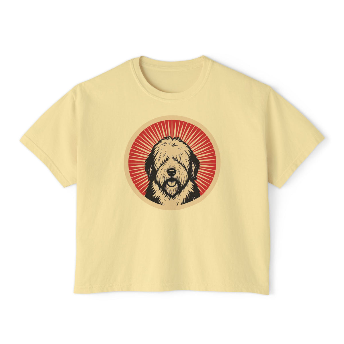 Old English Sheepdog badge art in a ring of red rays on a boxy tee