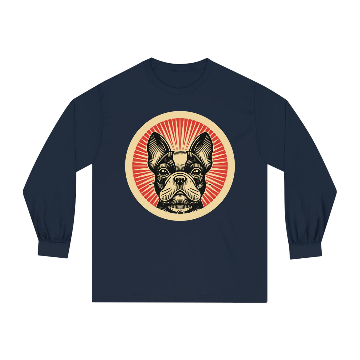 French Bulldog badge art in a ring of red rays on a long-sleeve tee