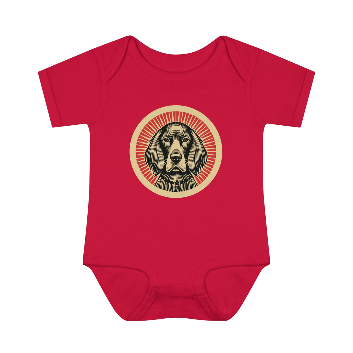 Irish Setter badge art in a ring of red rays on a baby bodysuit
