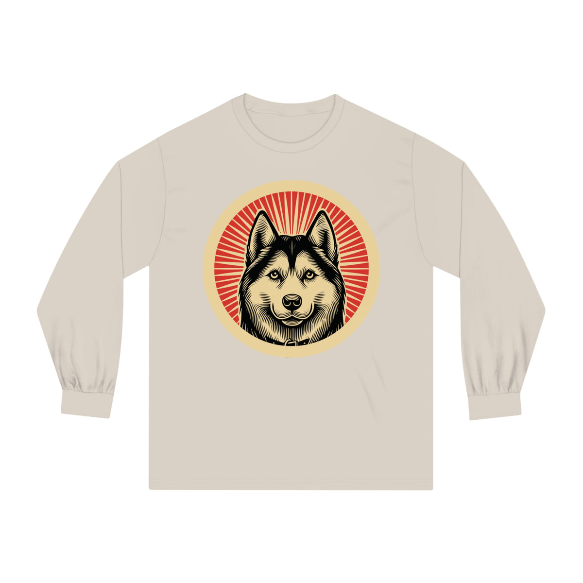 Siberian Husky badge art in a ring of red rays on a long-sleeve tee